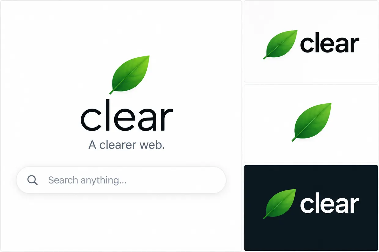 The Clear brand board: the stacked lockup with the tagline and search bar, the horizontal lockup, the leaf on its own, and the reversed lockup on dark
