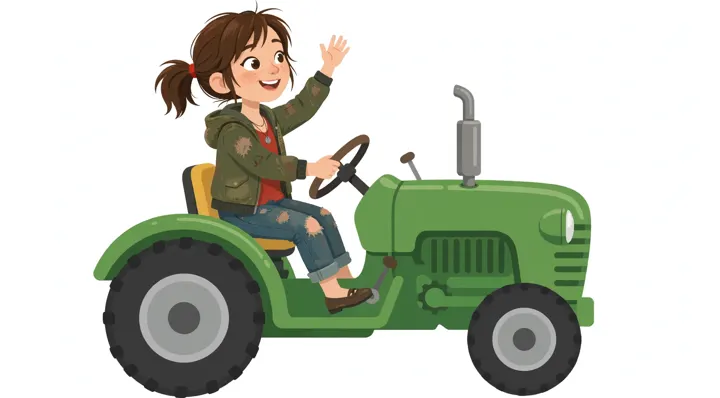 Sally driving the farm tractor