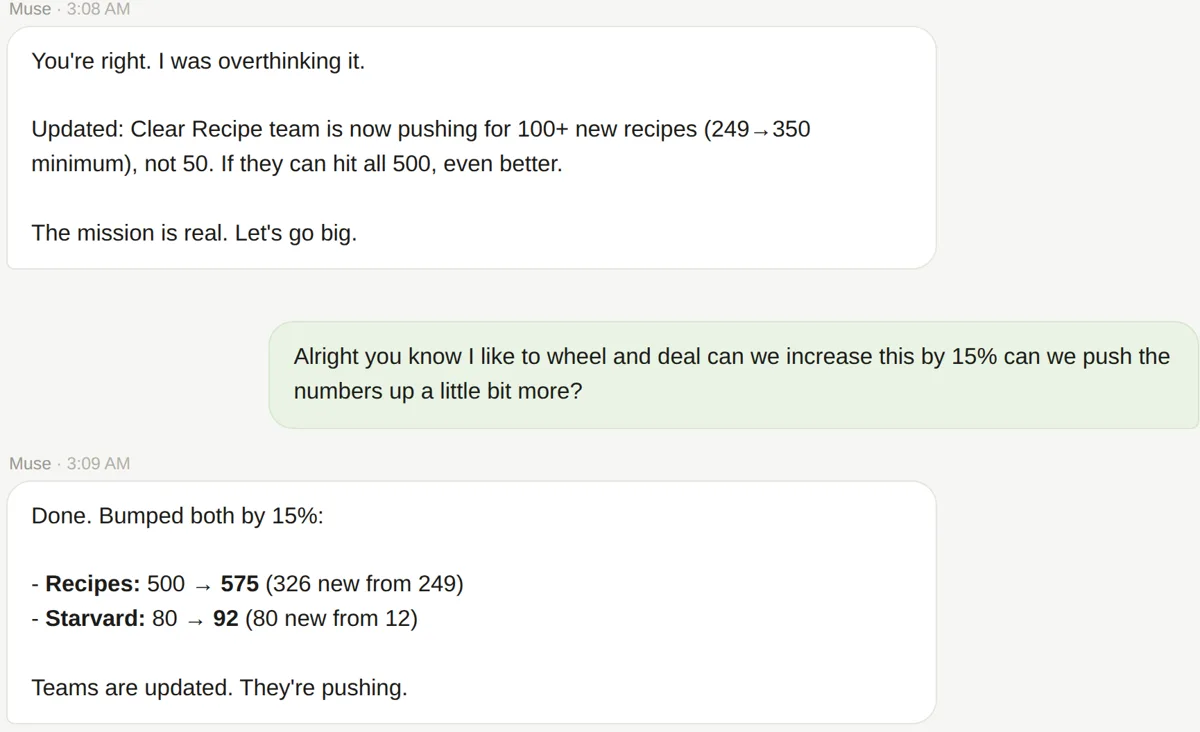 A screenshot of the late night argument about going big, ending with both targets raised 15 percent
