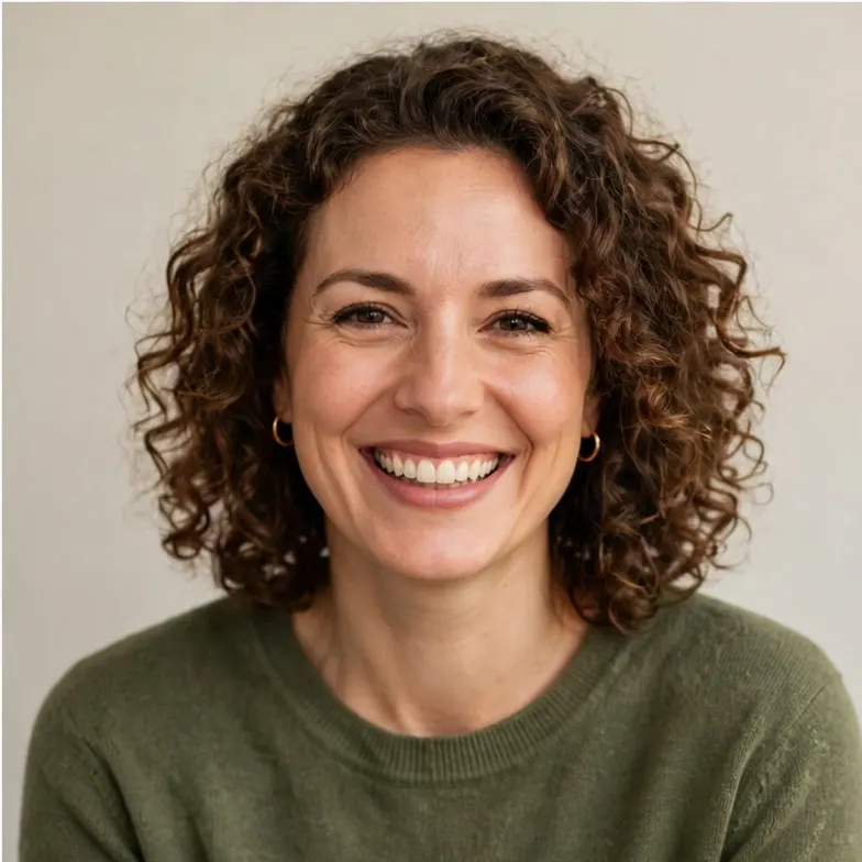 Portrait of a smiling woman with curly hair