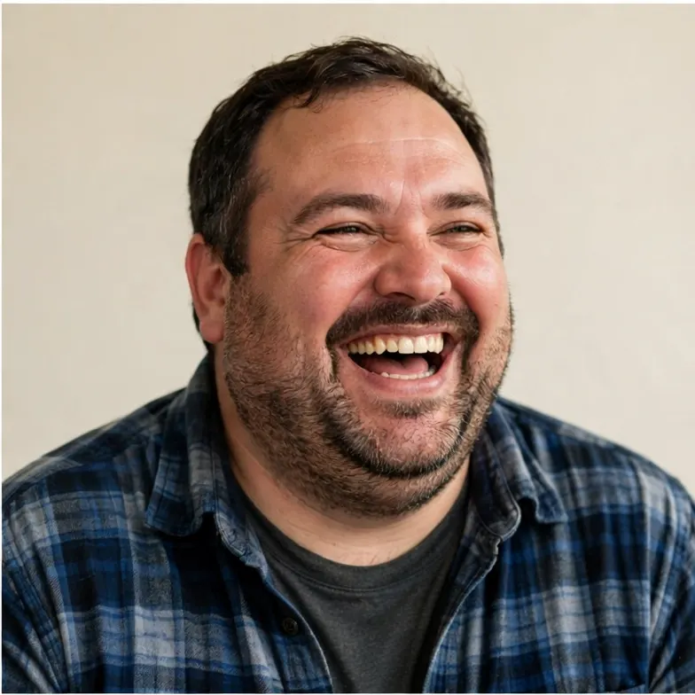 Portrait of a heavyset man laughing