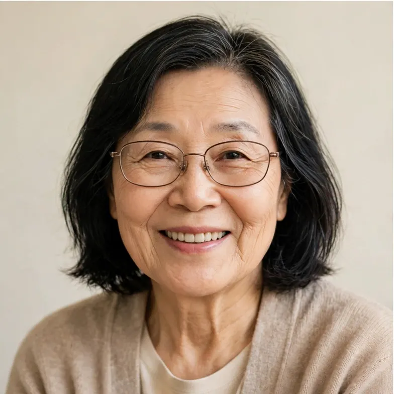 Portrait of an older woman with glasses smiling gently