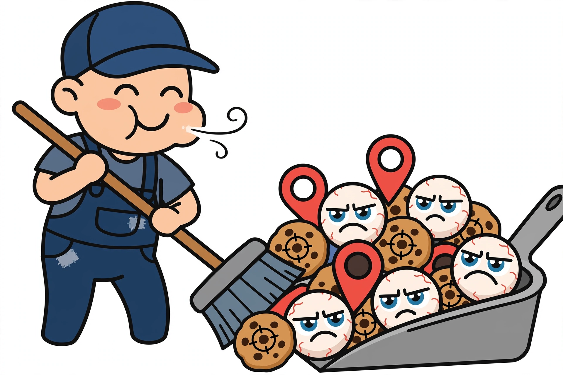 A cheerful cartoon janitor sweeping a pile of angry eyeballs, location pins, and tracking cookies into a dustpan