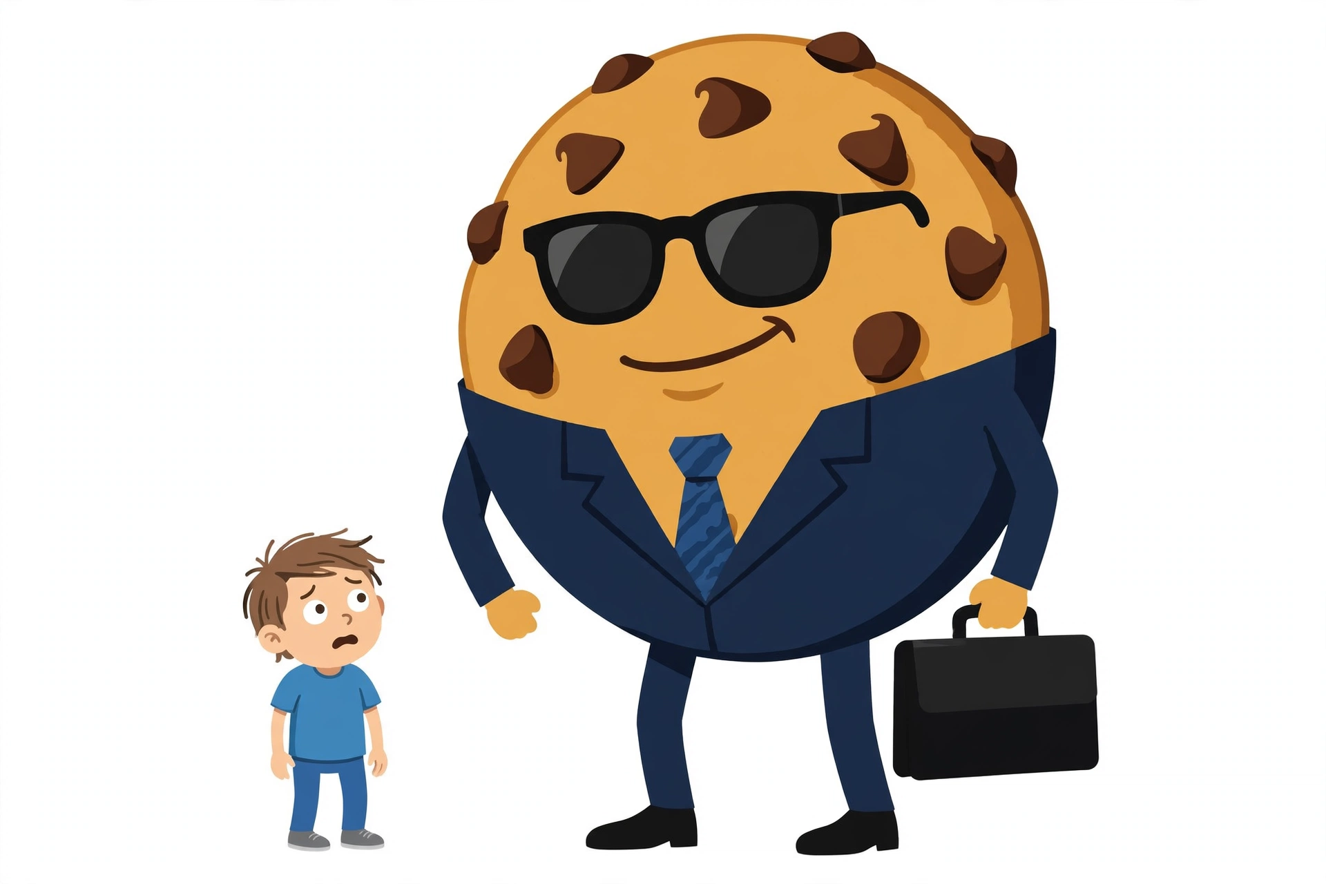 A giant chocolate chip cookie in a suit, tie, and sunglasses, holding a briefcase, towering over a tiny confused person