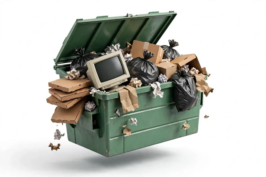 A green dumpster overflowing with junk: trash bags, pizza boxes, cardboard, and an old computer monitor