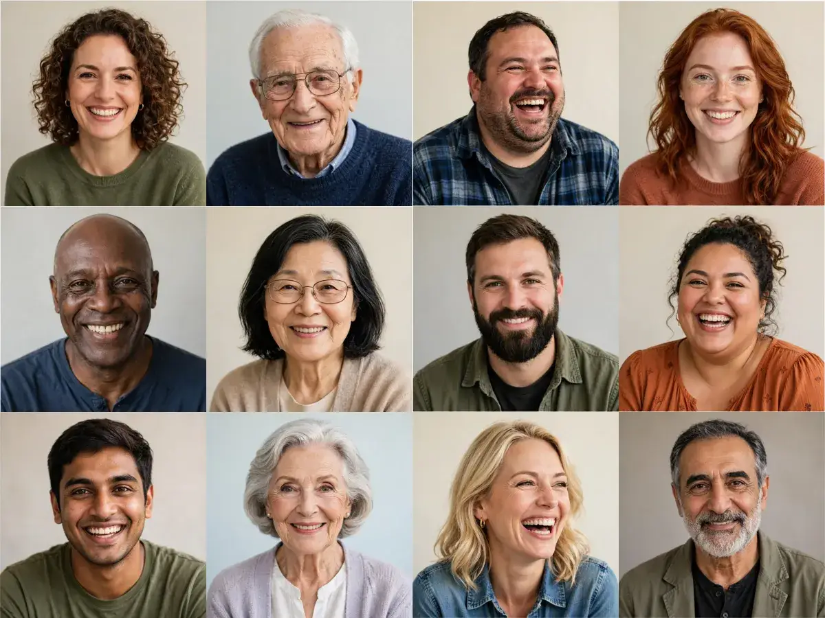 A grid of twelve human faces, every age and every kind