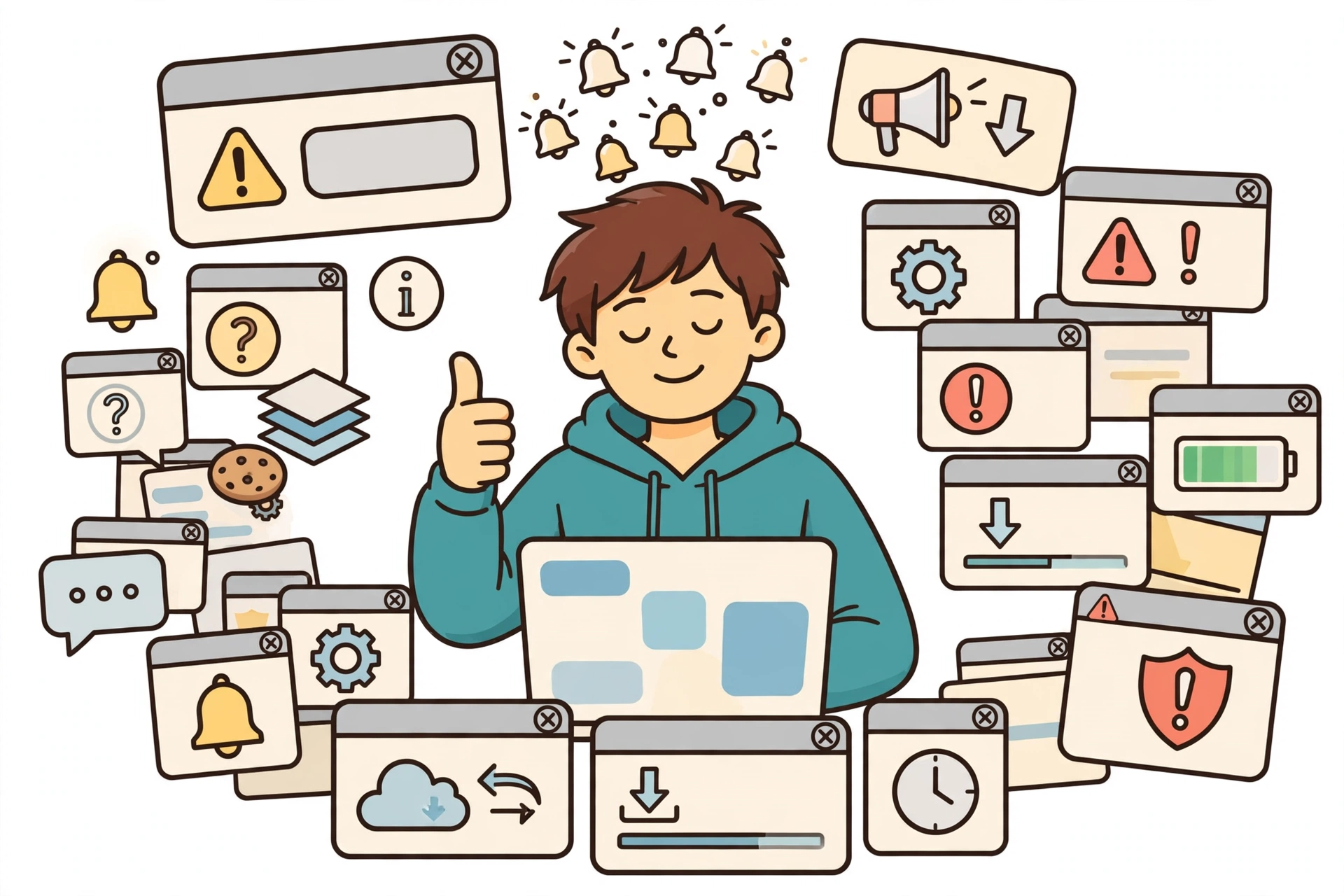 A calm cartoon person at a laptop, thumbs up, completely surrounded by pop-up windows, bells, and warning dialogs