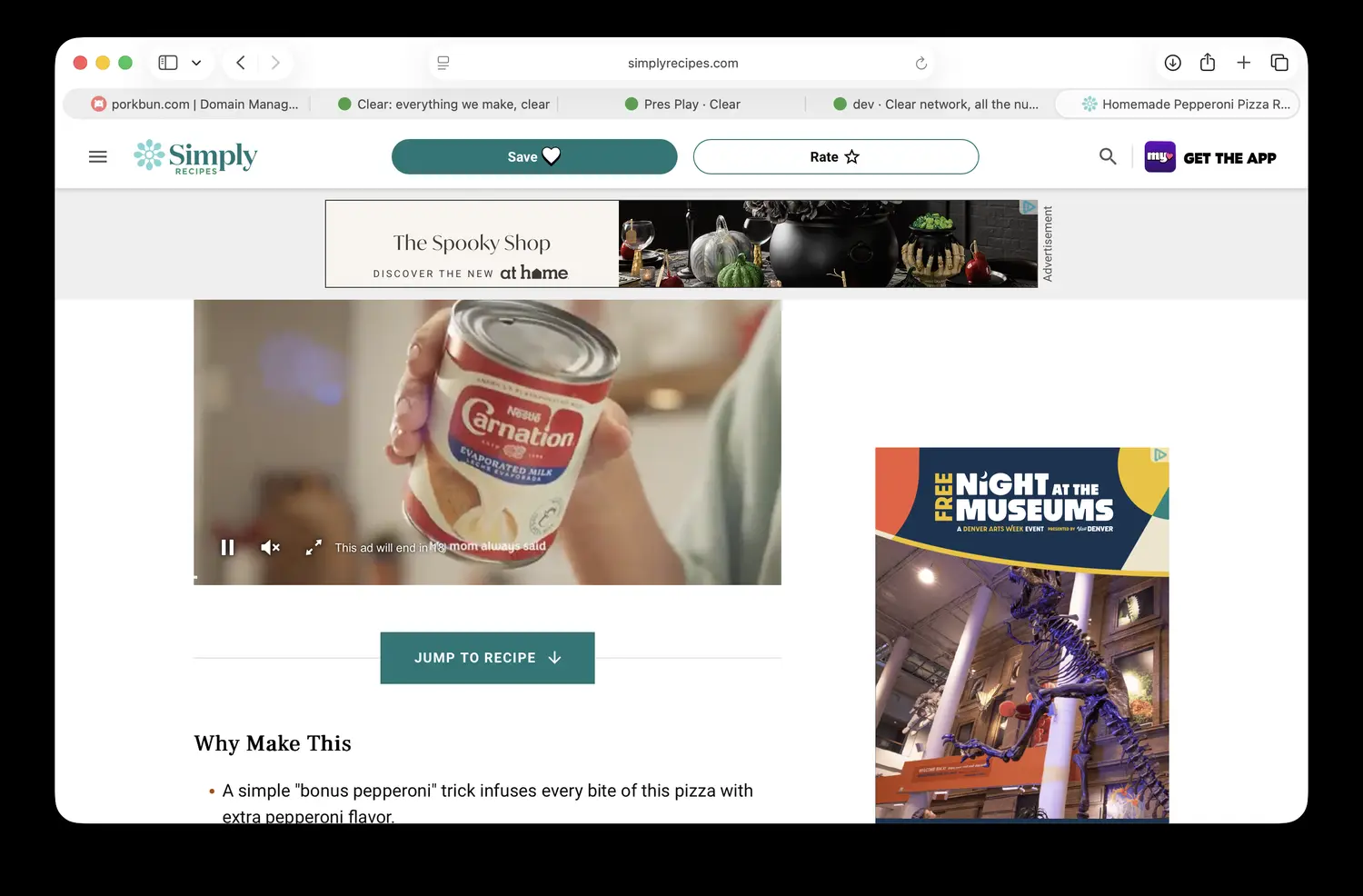 A screenshot of a recipe page buried under ads, an autoplaying video ad, and a jump to recipe button
