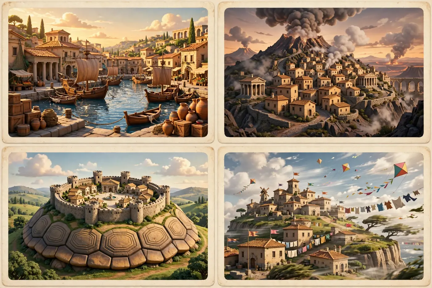Postcards from the neighboring cities: a harbor port at golden hour, a town under a smoking volcano, a fortress town built on a giant tortoise shell, and a windy hilltop town full of kites