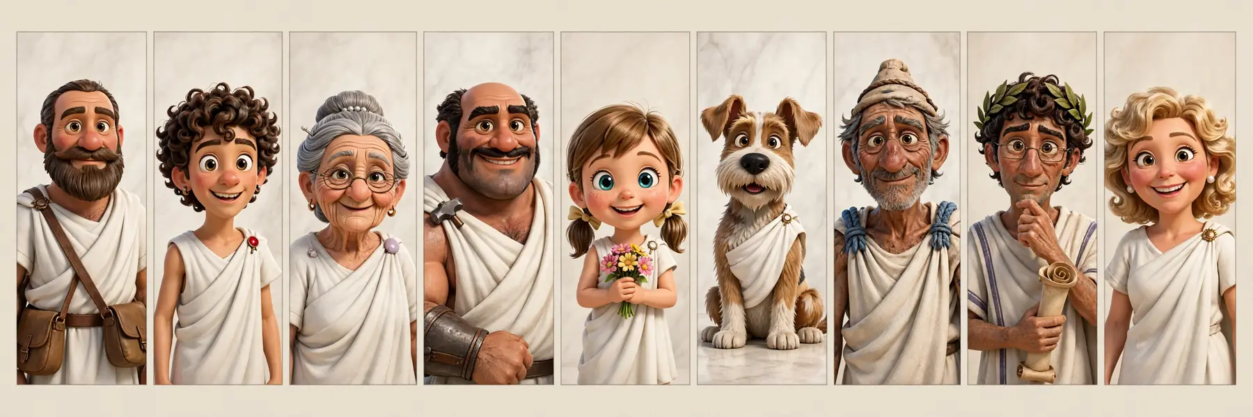 Nine more citizens of Romula in portrait: a merchant, a young messenger, an old woman, a blacksmith, a girl with flowers, a proud three legged dog in a tiny toga, a fisherman, a poet, and a cheerful aunt