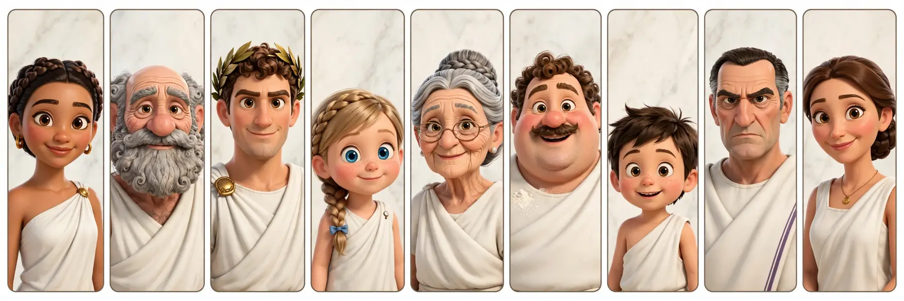 Nine citizens of Romula in portrait: a young woman with braids, a grandfather, a soldier in a laurel wreath, a little girl, a grandmother, a baker, a small boy, a stern senator, and a smiling mother