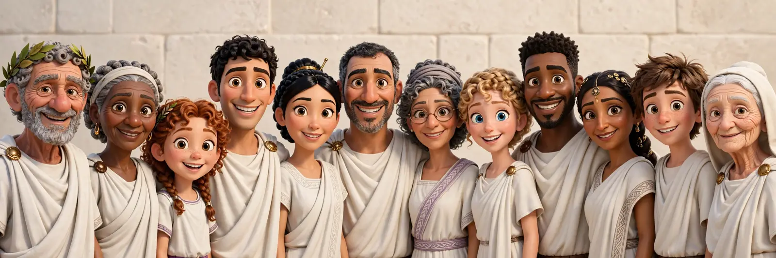 A crowd of citizens of Romula in togas, smiling: 367 citizens, and every one of them helped build the city