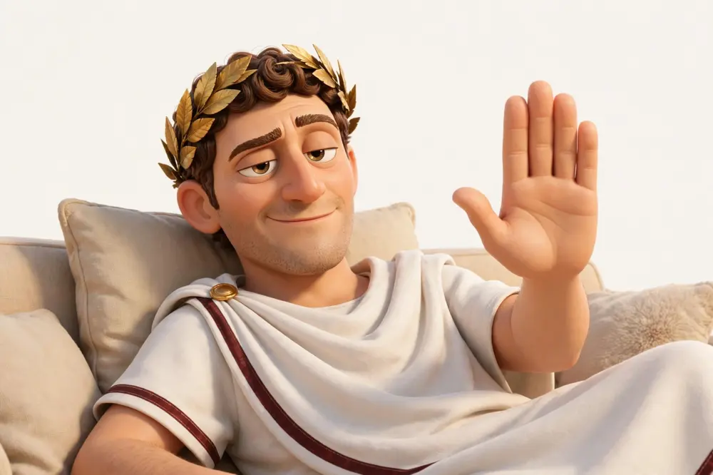 A citizen of Romula in a toga and laurel wreath, reclining and waving one hand: thank you, but no