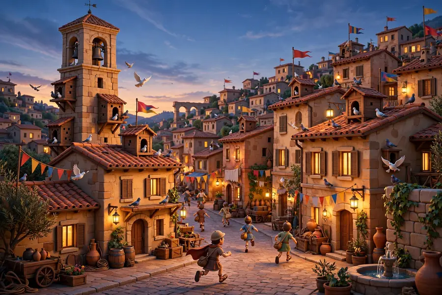 Campanara, the bell city of Romula at dusk: bell tower, dovecotes, warm lit stone houses, runners sprinting home