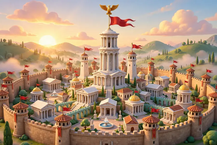 Sienara, the marble city of Romula: white towers and temples inside high walls, a golden eagle standard flying at sunrise