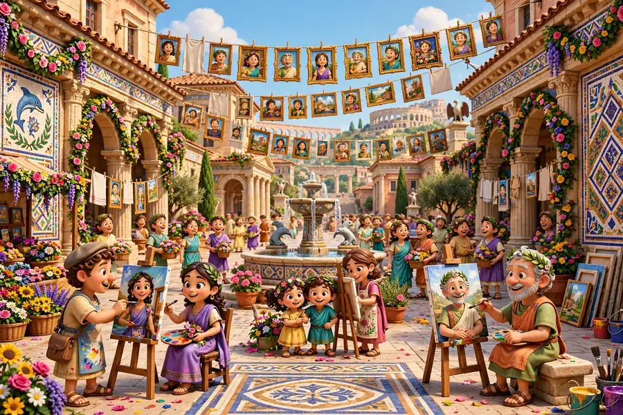 Fiorenza, the festival city of Romula: citizens posing for painters in a flower draped square, portraits drying on lines overhead