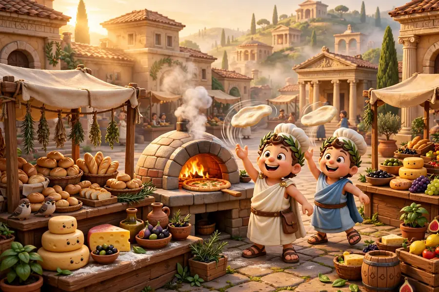 Luccana, the market city of Romula in the morning: wood fired pizza ovens, bread stalls, dough in the air