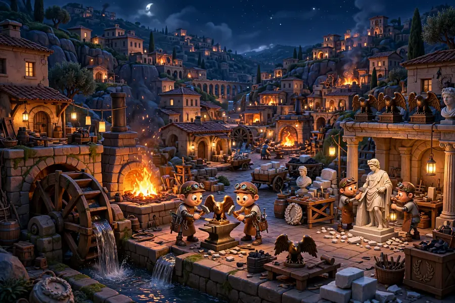 Fornara, the forge city of Romula at night: glowing forges, a water wheel, craftsmen hammering bronze eagles