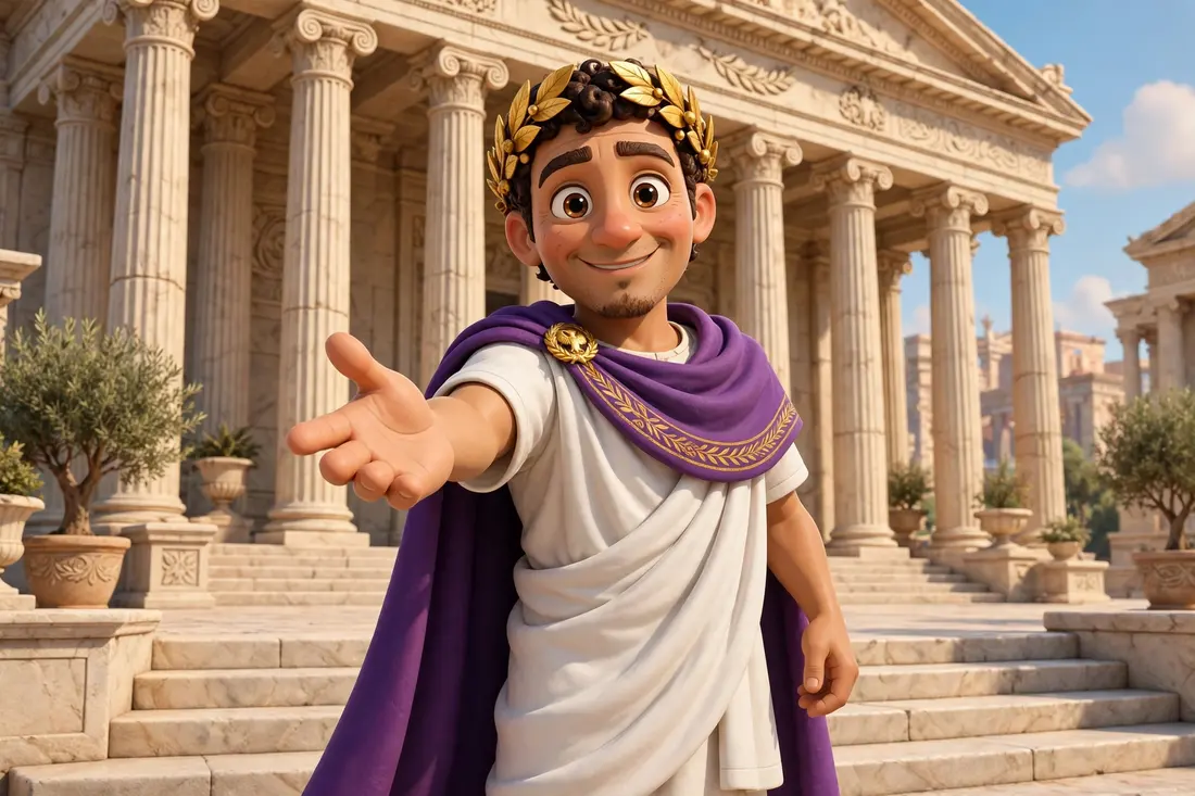 A Julius Caesar looking emperor in a laurel wreath and purple cloak, hand outstretched in welcome on the temple steps