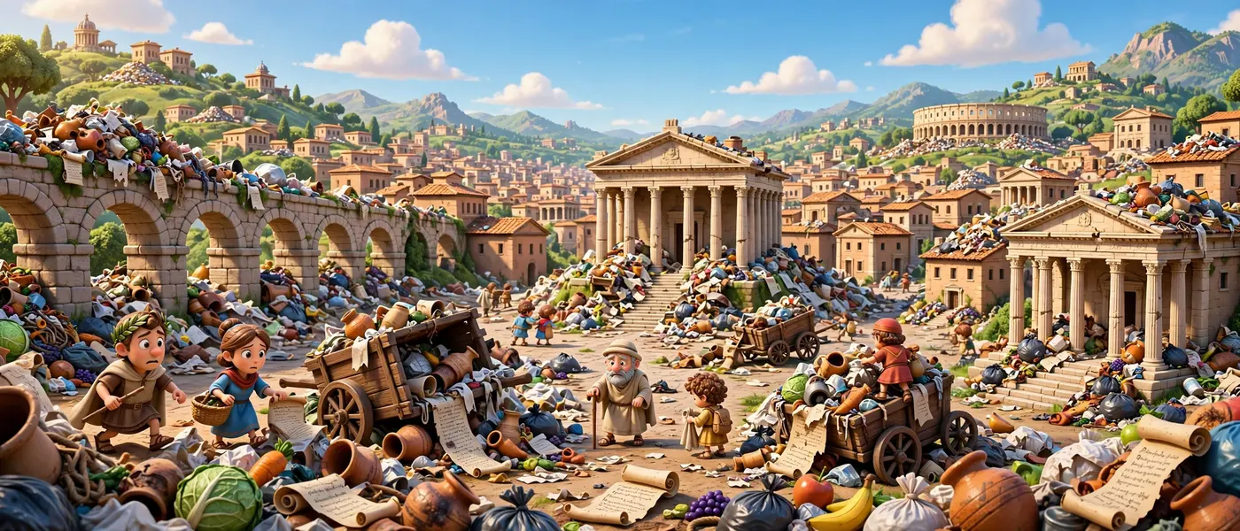 Trash everywhere in Romula: the Forum, the temple steps, and the aqueduct buried in junk, broken pottery, torn scrolls, and toppled carts, while citizens pick their way through