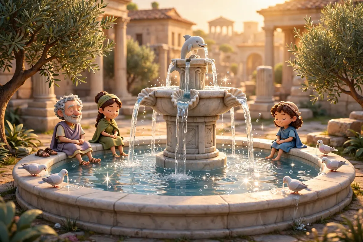 The public fountain of Romula at golden hour: clear water, citizens resting on the marble rim with their feet in the water, doves drinking, utterly peaceful