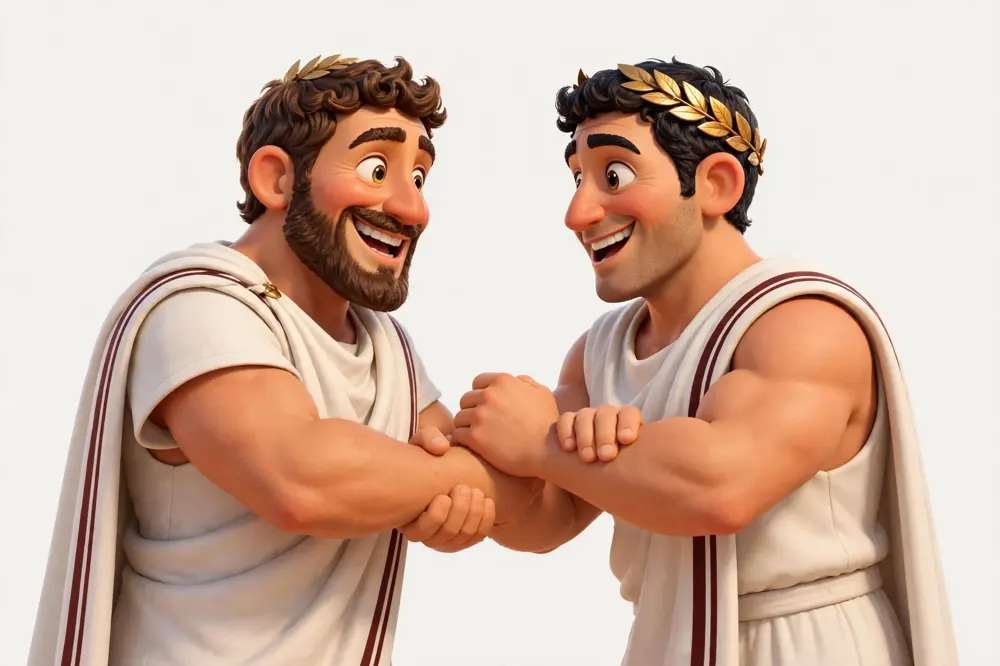Two citizens of Romula greeting each other with the old wrist grip, hand to forearm, the way circus strongmen shake