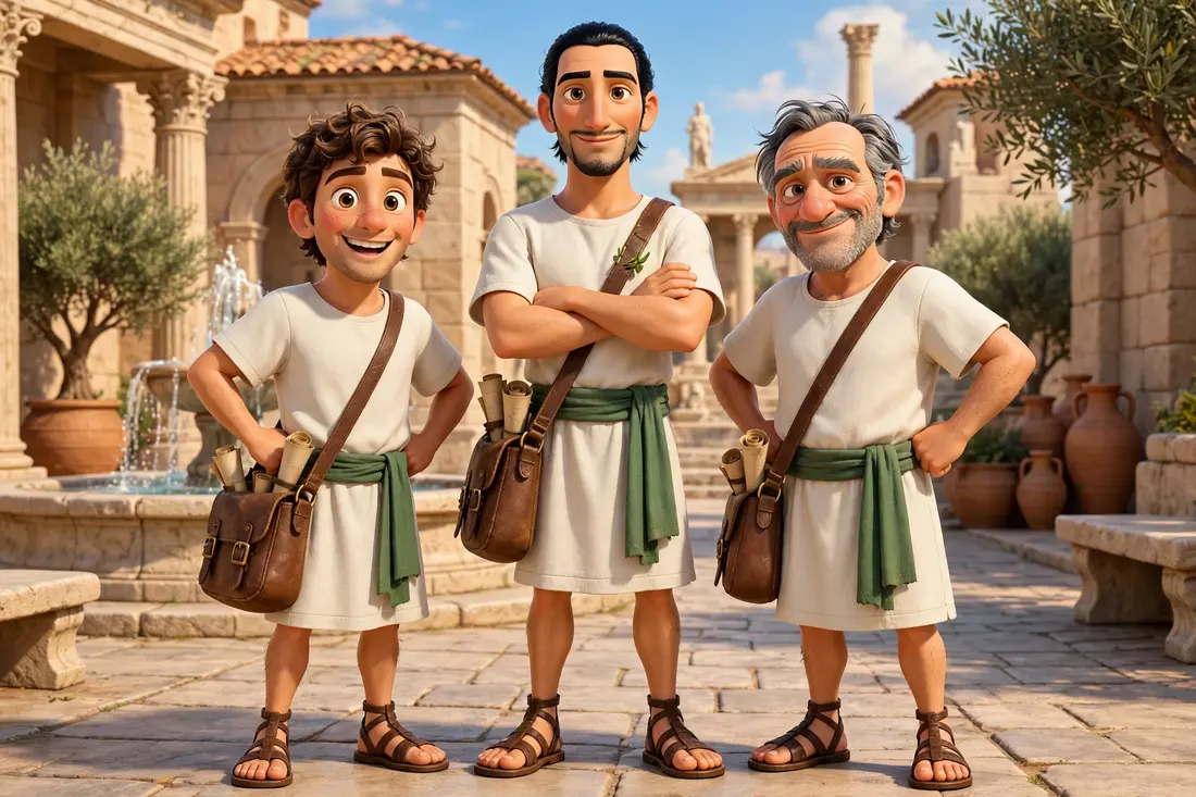 Three Kleros messengers standing together in the Forum, white tunics, green sashes, leather bags full of scrolls