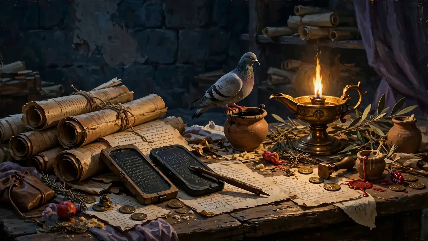 A messenger's desk in Romula by lamplight: scrolls, wax tablets, a stylus, coins, a wax seal, and a carrier pigeon waiting on the ink pot