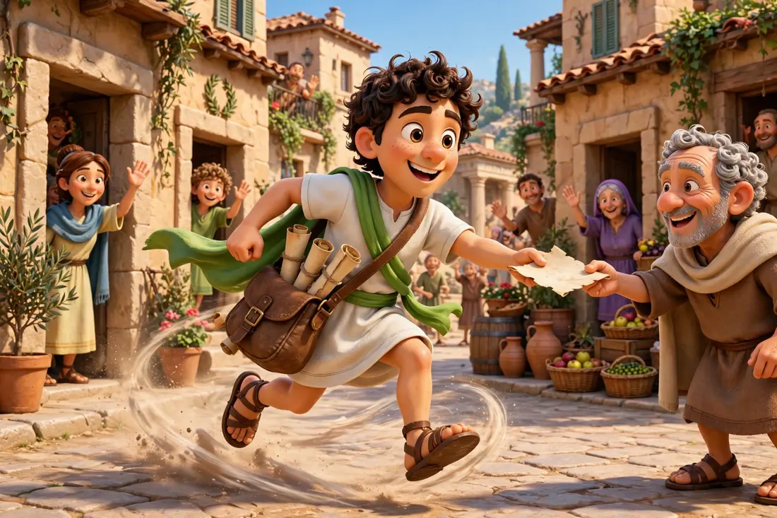 A Kleros messenger mid stride, handing a page to a smiling citizen of Romula while the street waves him on