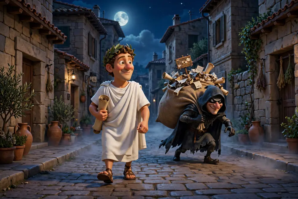 A night thief creeping behind a citizen of Romula on his way home, hauling a huge sack of junk ads and scrolls