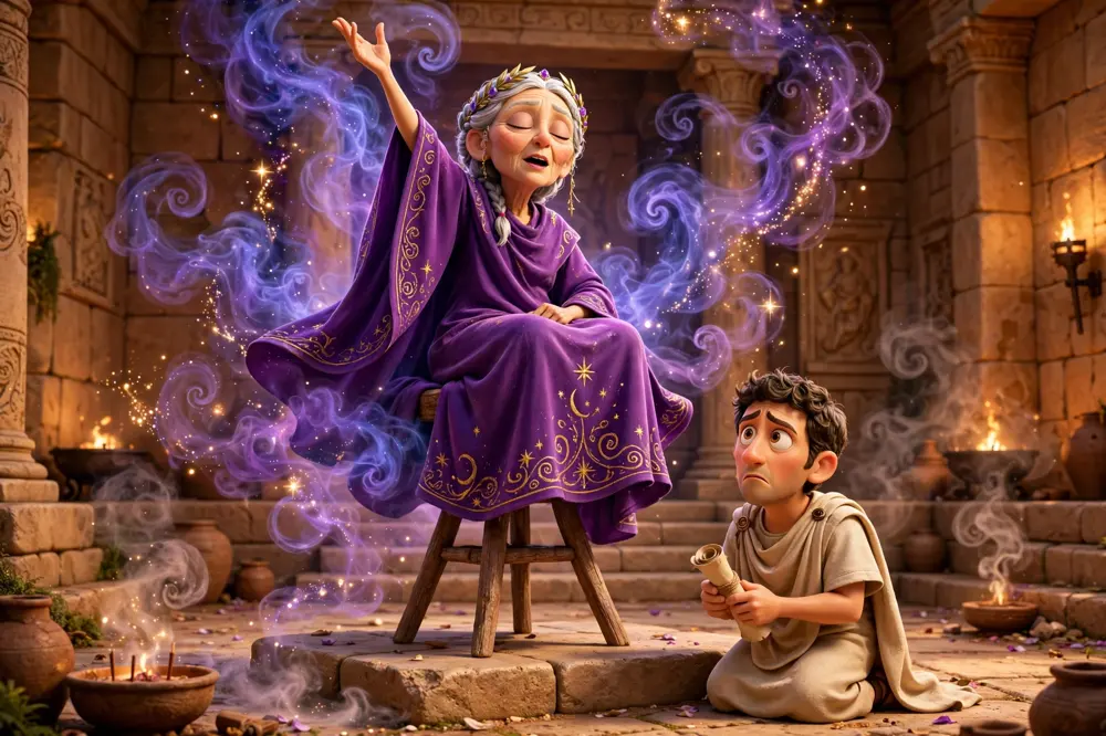 Cartoon of the oracle of Romula on her tripod, mid prophecy, while a citizen kneels with a question