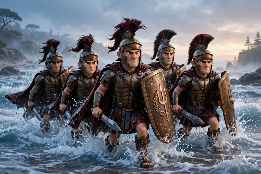 The Navy SEALs of Romula: Roman special forces wading ashore at dawn, crested helmets, red cloaks, shields up
