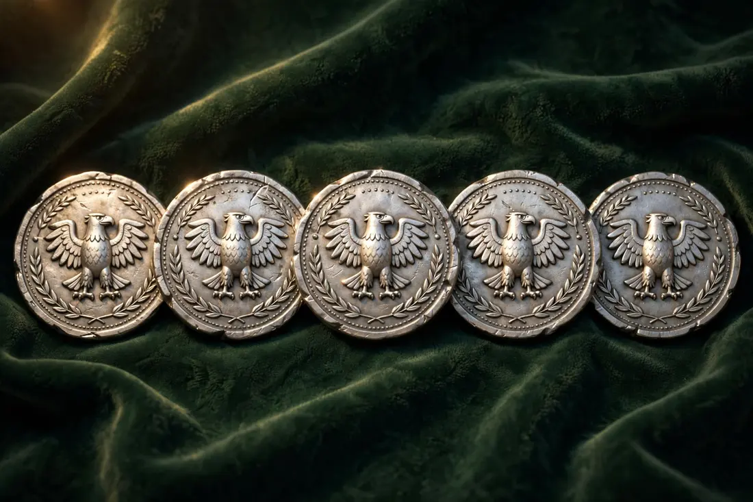 Five silver shekels of Romula in a proud row on green velvet, each stamped with the eagle