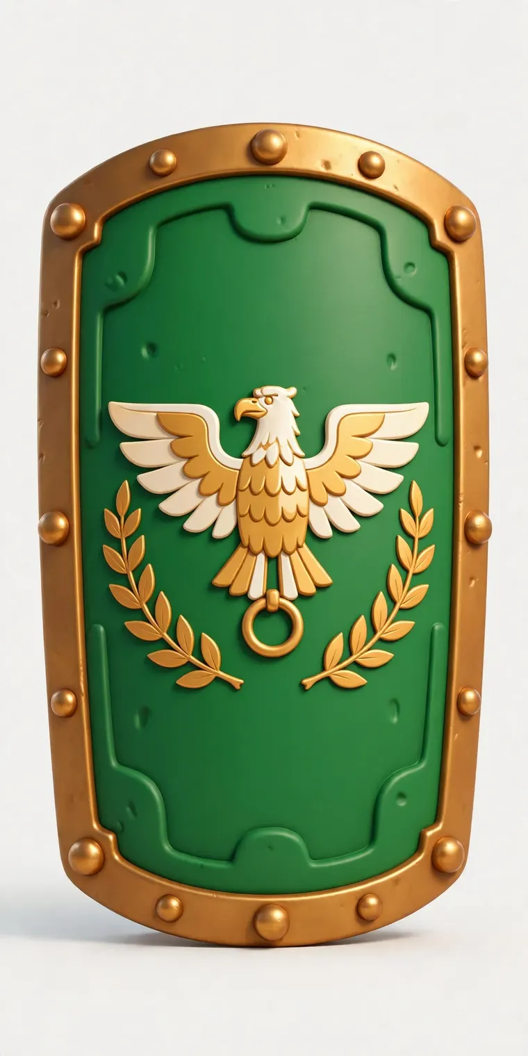 The shield of Romula: Imperial green with a bronze rim, the eagle of Romula in gold above the ring, laurels on both sides