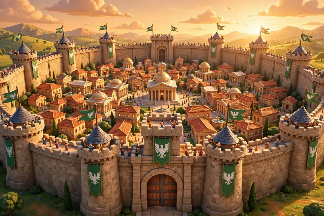 The great walls of Romula surrounding the whole city at golden hour, green eagle banners flying, citizens waving from the wall walk